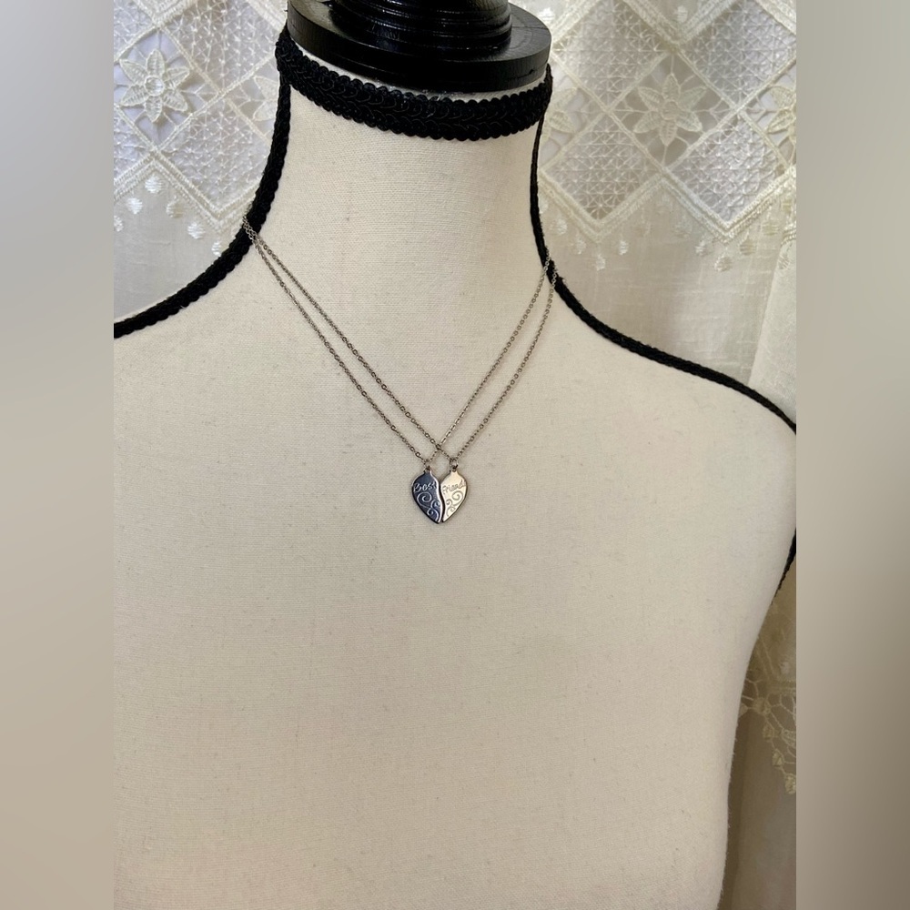 Double Necklace Best Friends heart stainless steel choker silver necklace (2) - Picture 5 of 11